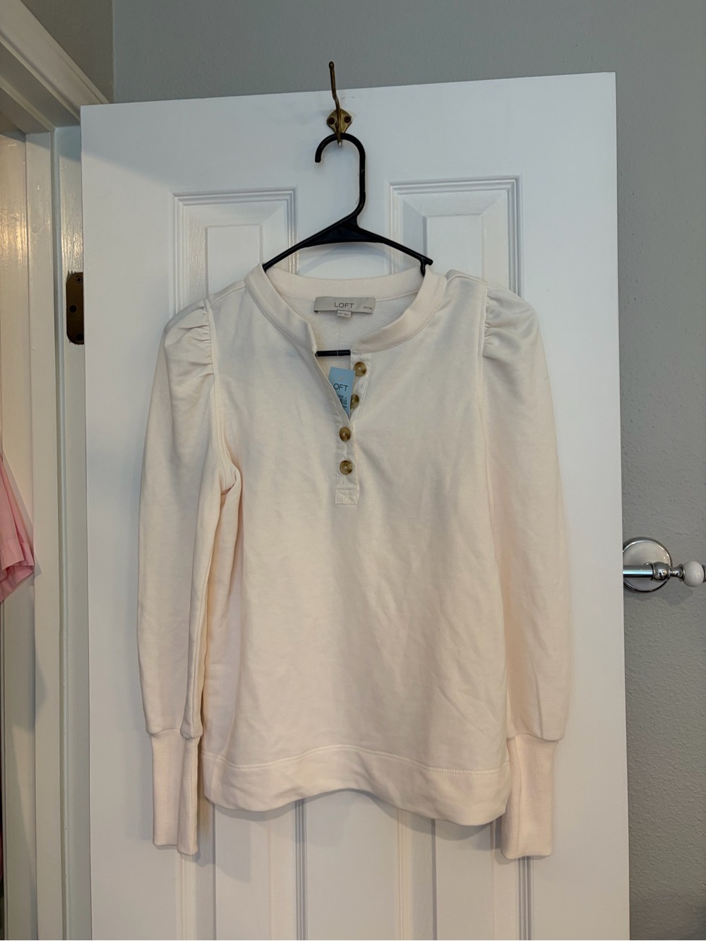 Loft Puff Sleeve Henley Top XXSP NWT Cream